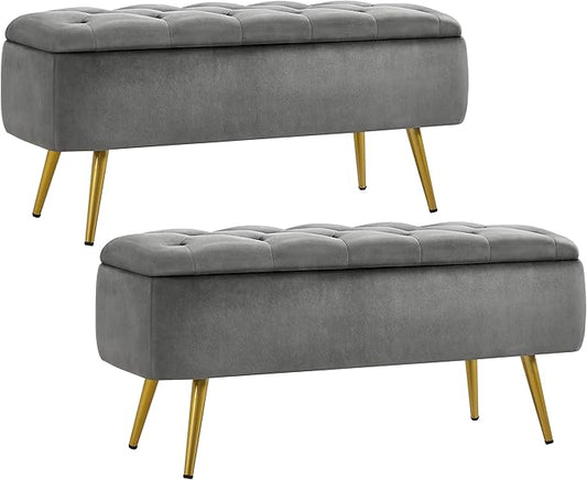 Yaheetech Ottoman with Storage 2pcs, Velvet Entryway Bench with Safety Hinge, Upholstered Bench with Seating for Bedroom, Living Room, Holds up to 519 lb, Gray
