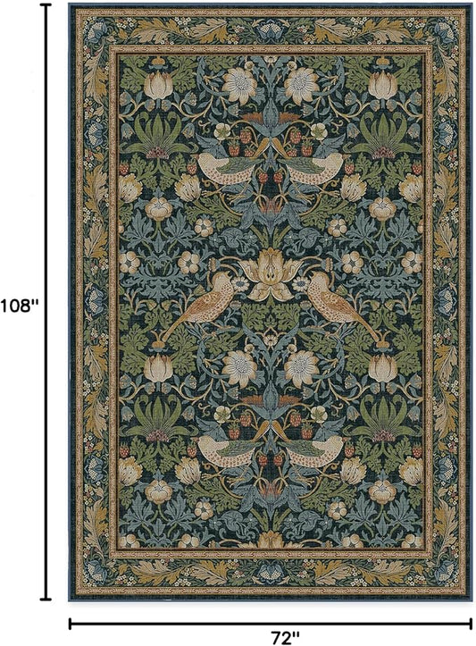 RUGGABLE x Morris & Co Washable Area Rug– Strawberry Thief Indigo 6x9, Stain-Resistant, Non-Slip – Medium Machine Washable Rugs for Living Room, Bedroom, Hallway, Entryway & Office–with Cushioned Pad