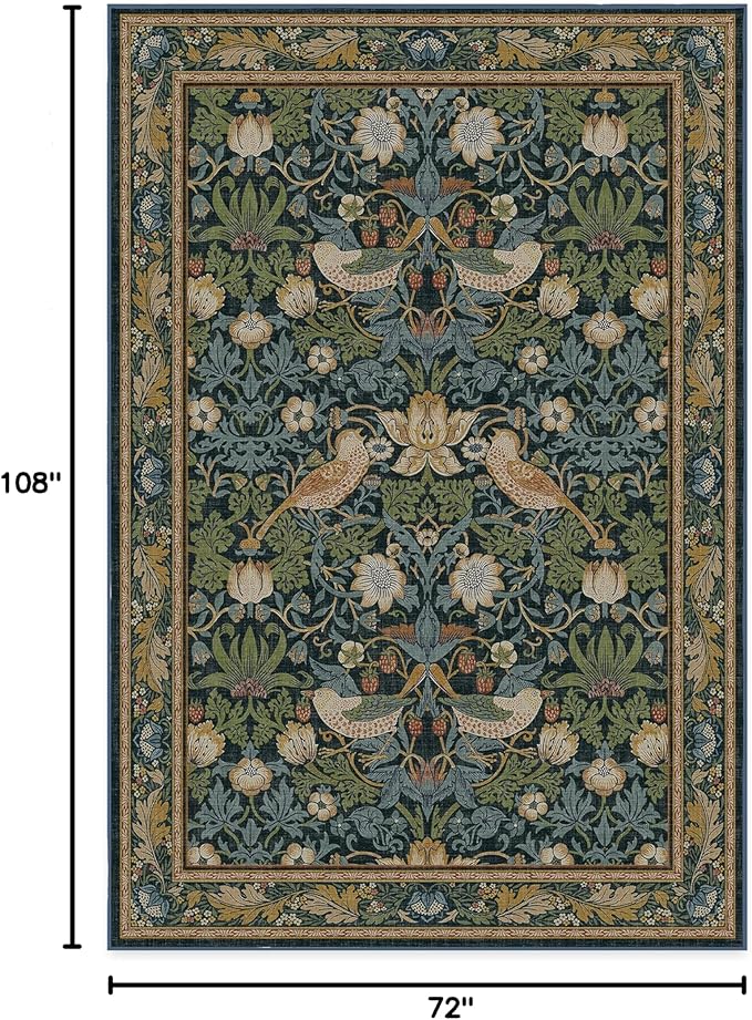 RUGGABLE x Morris & Co Washable Area Rug – Strawberry Thief Indigo 6x9, Stain-Resistant, Non-Slip – Medium Machine Washable Rugs for Living Room, Bedroom, Hallway, Entryway & Office–with Standard Pad