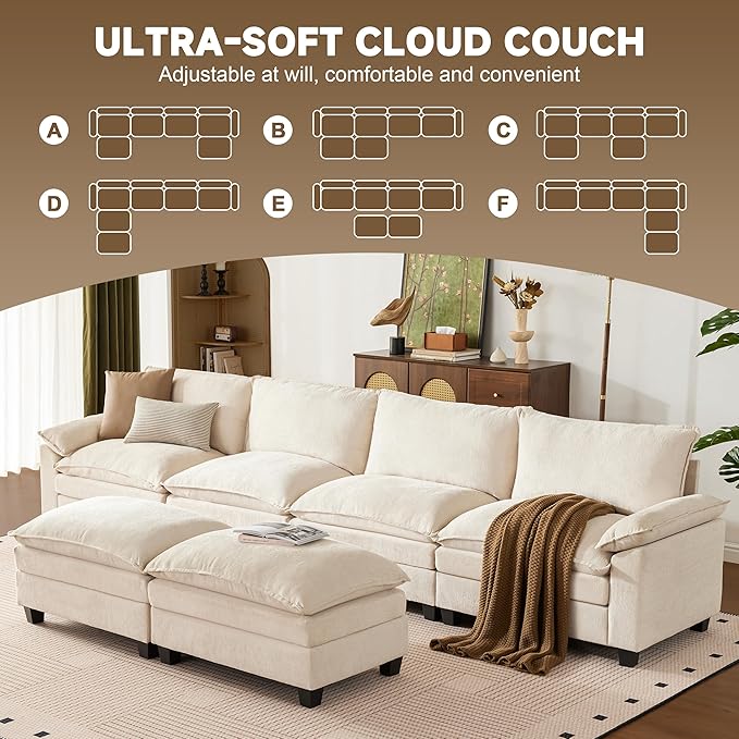 147 Inch Big Comfy Couch with Ottoman, 6 Seat U Shaped Couches, Cloud Modular Sectional Sofa, Modern Cloud Couch Sectionals, Sectional Couches for Living Room, Oversize Deep Seat Sofa, Beige