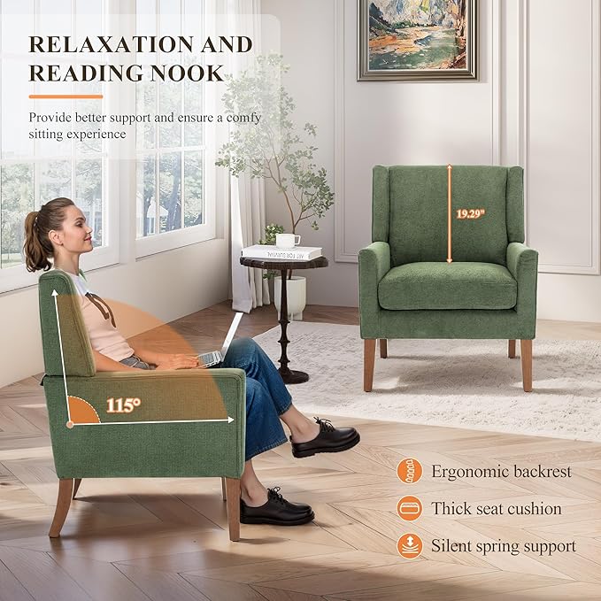Accent Chairs for Living Room, Mid-Century Wooden Fabric Living Room Chairs, Arm Chair, Side Chairs for Living Room, Bedroom, Reading Nook