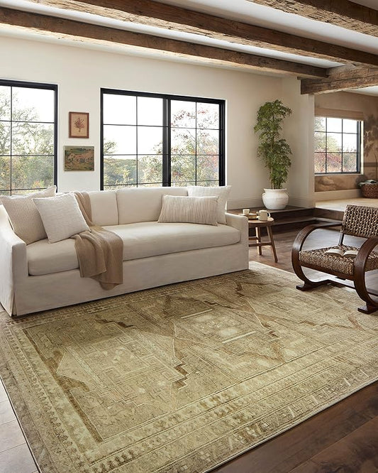 Loloi Magnolia Home by Joanna Gaines Sinclair Collection SIN-02 Khaki/Tobacco 5'-0" x 7'-0", .25" Pile Height, Machine Washable, Area Rug