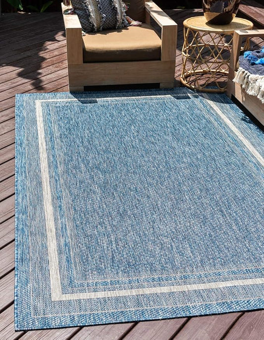 Unique Loom Outdoor Border Collection Area Rug - Soft Border (9' x 12' Rectangle, Blue/ Ivory)