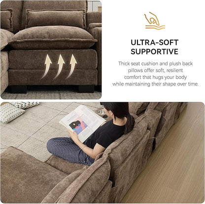 125'' U Shaped Cloud Modular Sofa with Chaise Lounges, Chenille Upholstered Comfy Sectional Couch with Storage Console, USB Charging Ports & Cup Holders, Small Deep Seat Sofa for Living Room, Brown
