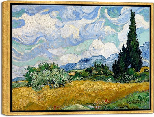Wieco Art Framed Wall Art of Wheat Field with Cypresses by Vincent Van Gogh Paintings Reproduction Abstract Canvas Prints for Home Living Room Decorations Bronze Gold Frame