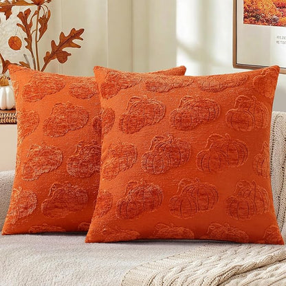 decorUhome Decorative Two Rust Pumpkins Thanksgiving Throw Pillow Covers 18x18 Set of 2, Soft Chenille Jacquard Farmhouse Textured Pillow Covers for Couch Bed Sofa Autumn Harvest Halloween Holiday