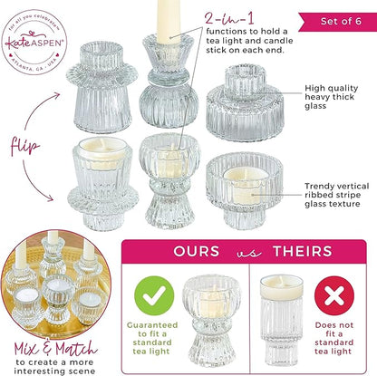 Kate Aspen Vintage Ribbed Glass Black Candlestick Holders, Pillar Candle, Tealight & Votive Candle Holders (Set of 6, 3 Assorted Sizes), Dining Table Decor, Shelf Decor, Centerpiece