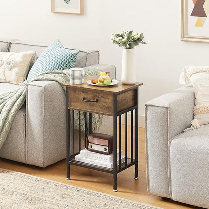 VECELO Nightstands, Industrial Side Table/End Tables with Drawer and Storage Shelf, Night Stands for Bedroom, Living Room, Wood Metal Furniture, Easy Assembly,Antique Brown,2 Sets