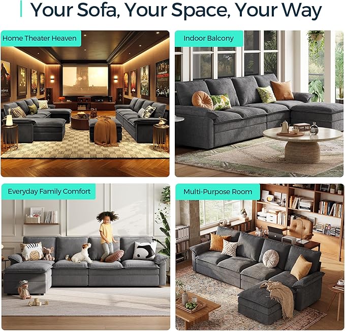 LINSY HOME Sleeper Sofa Bed, 115" Modular Sectional Sofa Bed with Double Layer Cushious, Comfy Cloud Sofa Couches for Living Room, Apartment, Home Theater, Grey