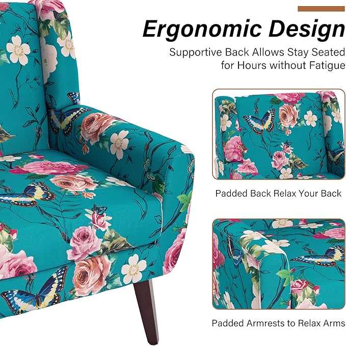 Accent Chair, Modern Fabric Armchair for Living Room, Comfy Upholstered Arm Chair Tufted for Indoor Bedroom Office Room (Pattern Blue)