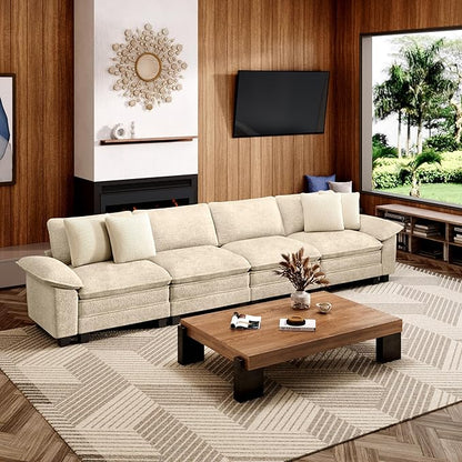157.5" Cloud Modular Sectional Sofa, 4-Seater w/Deep Seat & Removable Arms, Plush Chenille for Living Room - Beige
