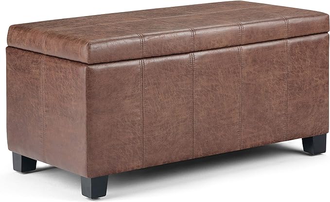 SIMPLIHOME Dover 36 inch Wide Contemporary Rectangle Storage Ottoman Bench in Distressed Umber Brown Vegan Faux Leather, Assembled, For the Living Room, Entryway and Family Room