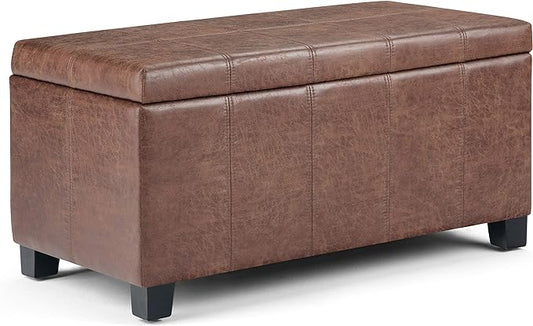 SIMPLIHOME Dover 36 inch Wide Contemporary Rectangle Storage Ottoman Bench in Distressed Umber Brown Vegan Faux Leather, Assembled, For the Living Room, Entryway and Family Room