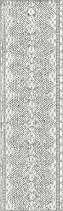 nuLOOM 2' x 10' Outdoor Tribal Geometric Area Rug, Stain Resistant, Weather Resistant, High Traffic, Patio, Balcony, Outside, Ranya Light Grey