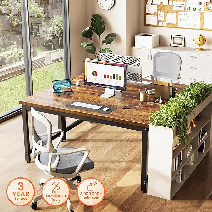 Huuger 55 x 24 inch Desk with Power Outlets & USB-C, Deeper & Thicker Desktop, Robust Metal Tubes, Computer Desk, Heavy Duty Office Desk, Work Gaming Desk for Home Office, Rustic Brown