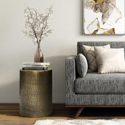 SIMPLIHOME Corbin Side Table – 16 inch Wide Metal Round Accent Table in Hammered Antique Gold, Industrial Style End Table for Living Room, Bedroom, or Office with Sturdy Base, Assembled
