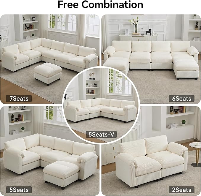 87'' U-Shaped Sectional Sofa with Ottoman, 5-Seater Modular Couches for Living Room, Corduroy Deep Seat Cloud Sofa with Center Stitched, Beige