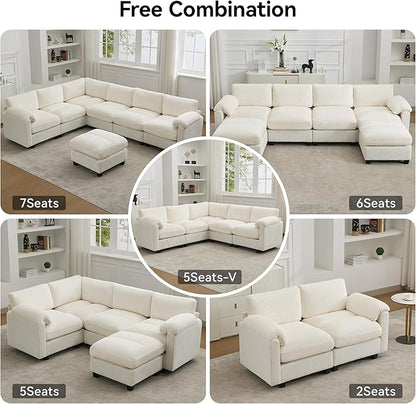 118'' U-Shaped Sectional Couch with 2 Ottoman, Oversized Modular Couches for Living Room, Corduroy Deep Seat Cloud Sofa with Center Stitched, Beige