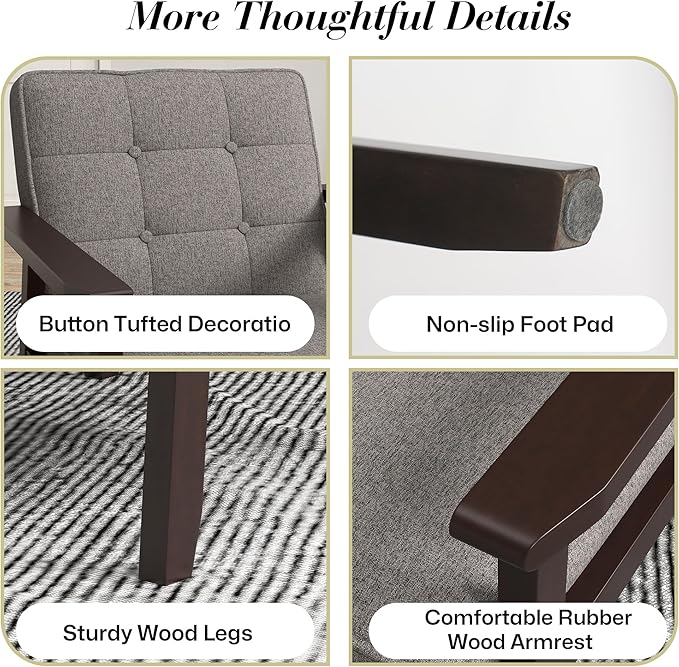 KCC Mid-Century Modern Linen Fabric Accent Chair, Upholstered Tufted Leisure Chair Comfy Reading Side Chair with Armrest and Solid Wood Frame for Living Room Bedroom Balcony(Gray)