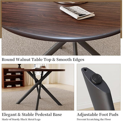 45.3 Inch Round Dining Table Set for 4, Mid Century Modern Small Coffee Set for Dining Room Kitchen Apartment (Dark Walnut Table + 4 U-Shaped White Chairs)
