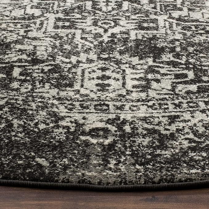 SAFAVIEH Evoke Collection Area Rug - 3' Round, Black & Grey, Distressed Design, Non-Shedding & Easy to Clean, Ideal for Foyer, Bedroom, Accent Space (EVK256R)