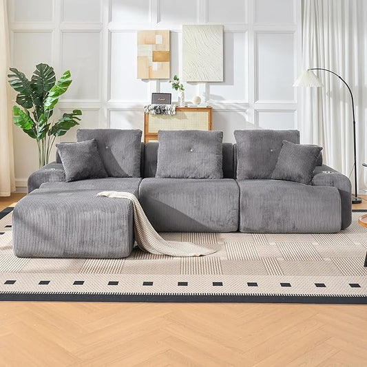 118" Modular Sectional Sofa, Cloud Sectional Couch with Deep Seat, Modern Modular Sofa with L Shaped Comfy Cloud Upholstered Boneless Couches for Living Room Bedroom, Grey