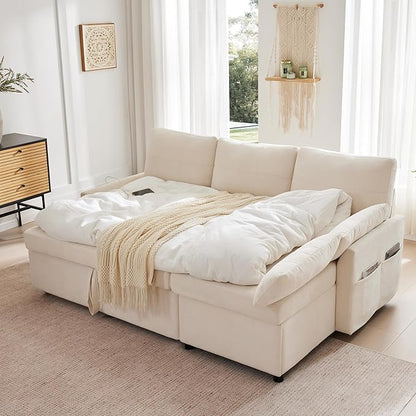 Waxberry Sectional Sofa Couch, Pull Out Couch Sleeper Sofa Bed with Storage for Living Room, Reversible Chaise, Side Pockets & Dual USB/Type-C Ports, Beige