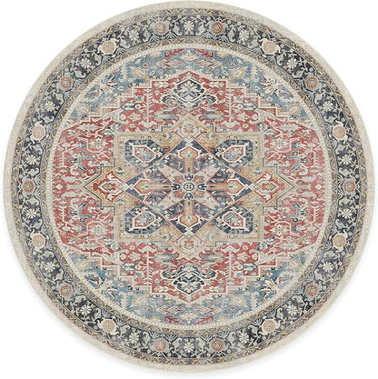 RUGGABLE Washable Vintage Area Rug – Kamran Cayenne Red 8 ft Round, Stain-Resistant, Non-Slip – Large Machine Washable Rugs for Living Room, Bedroom, Hallway, Entryway & Office–with Standard Pad