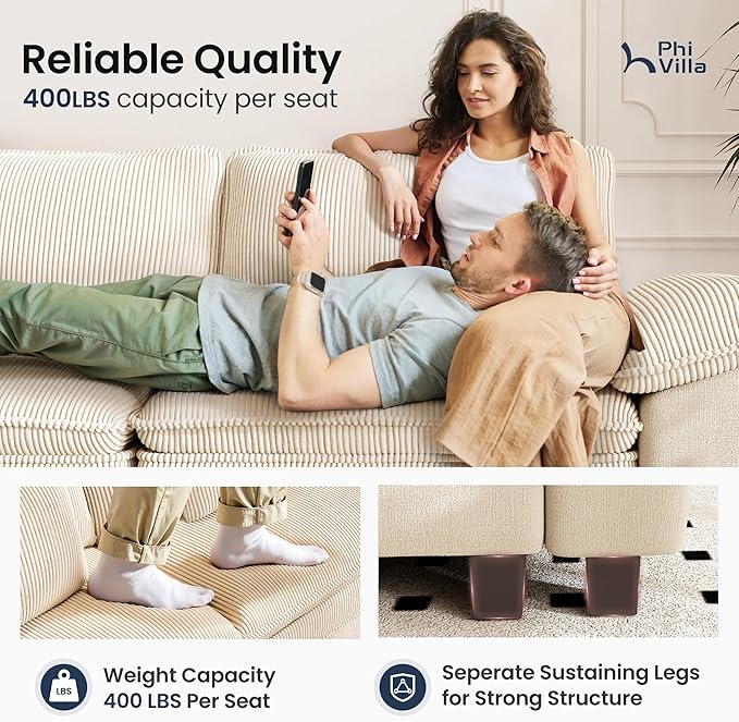 PHI VILLA Cloud Modular Couches Sets, 157.5" Long Sectional Sofa with Upholstered Deep Seat, 4-Seater Couches for Living Room, Chenille Corduroy Dual Fabric, Beige