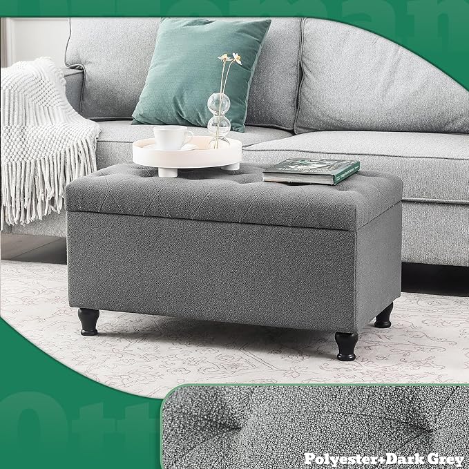Ottoman with Storage 32'' Ottoman Storage Bench Fabric Ottomans Footstools Upholstered Foot Rest Stool for Couch, Living Room, Bedroom, Entrance Shoe Bench Gray