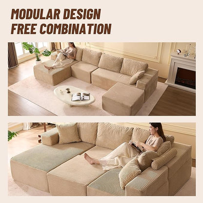 138" Boneless Couch with Deep Seat, Modular Sectional Sofa, Cloud Sectional Couch for Living Room, No Assembly Required, Corduroy, U-Shape 4 Seater Left, Camel