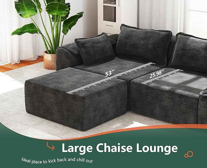 Hobestluk 152" Cloud Modular Sectional Couch 4-Seater Sofa with Ottomans U Shaped Couch Deep Seat Sofa with Removable Cover for Living Room (Dark Grey, 4-Seater Sofa with Two Ottomans)