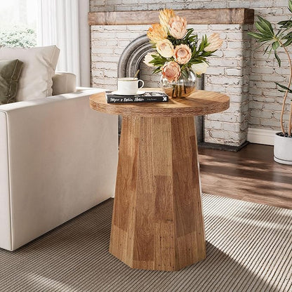 Tribesigns Farmhouse Round End Table, Wooden Couch Side Table with Octagonal Base, Rustic Brown Nightstand Pedestal Accent Furniture for Living Room, Bedroom (1, Walnut)
