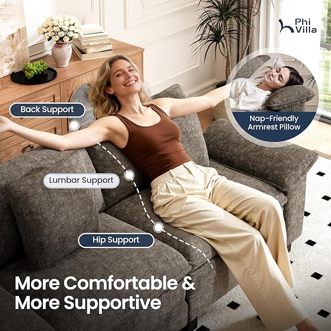 PHI VILLA Modern Modular Couches Sets, 123.6" Cloud Sectional Sofa with Upholstered Deep Seat, 3-Seater Couch for Living Room Small Spaces, Chenille Fabric, Smoky Grey