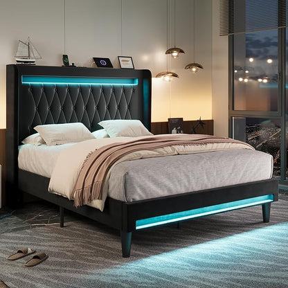 Allewie Upholstered Full Size Platform Bed Frame with LED Light and Charging Station, Button Tufted High Headboard, Wingback Design, Noise Free, Easy Assembly, No Box Spring Needed, Black