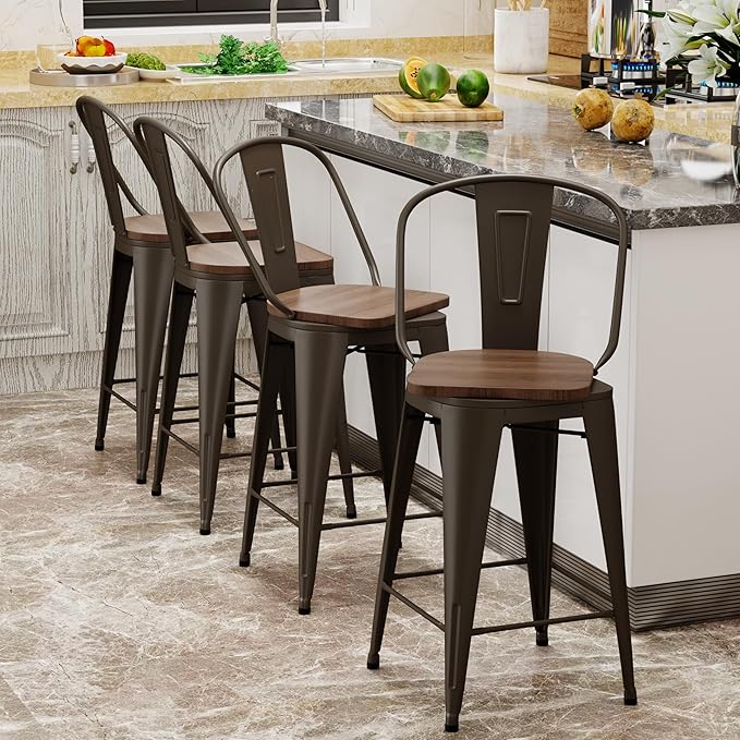 Aklaus Swivel Metal Bar Stools with Backs Counter Stools Set of 4 Counter Height Stools High Back Bar Chairs 30 Inch Barstools Farmhouse Rusty