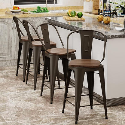 Aklaus Swivel Metal Bar Stools with Backs Counter Stools Set of 4 Counter Height Stools High Back Bar Chairs 30 Inch Barstools Farmhouse Rusty