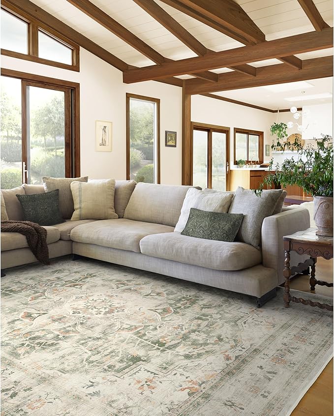 RUGGABLE Washable Vintage Area Rug – Sarrah Sage 8x10, Stain-Resistant, Non-Slip – Large Machine Washable Rugs for Living Room, Bedroom, Hallway, Entryway & Office–with Cushioned Pad