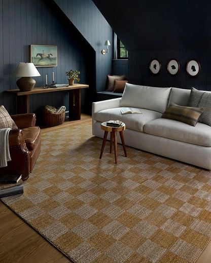 Loloi Chris Loves Julia Calvin Collection CLV-01 Apricot/Ivory 5'-3" x 7'-6" Area Rug Checkered Neutral Soft Living Room Bedroom Carpet