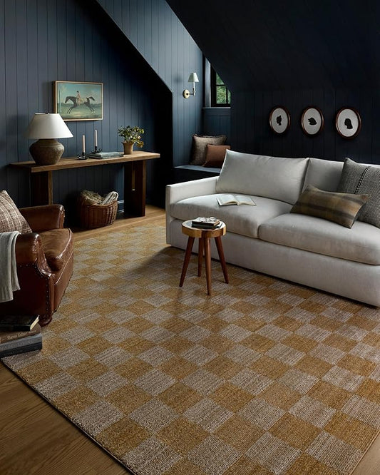 Loloi Chris Loves Julia Calvin Collection CLV-01 Apricot/Ivory 5'-3" x 7'-6" Area Rug Checkered Neutral Soft Living Room Bedroom Carpet
