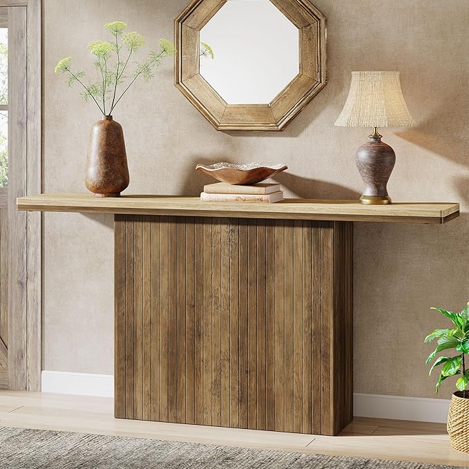 Tribesigns Farmhouse Fluted Console Table for Entryway, 63-Inch Long Wooden Sofa Table Behind Couch for Living Room, Foyer, Hallway, Rustic Brown & Natural
