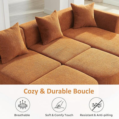 VANOMi 109.84" Modular Sectional Sofa with 3 Pillows, Convertible 5-Seater Comfy Boucle Cloud Couch with Ottoman, Modern Sectional Sofas for Living Room, Office, Apartment (Curry)