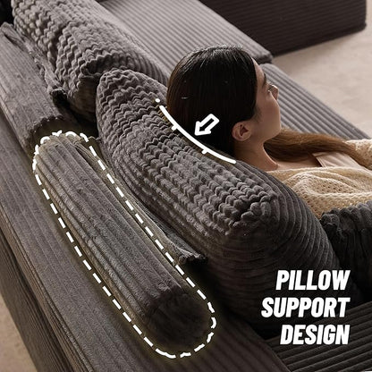 138" Boneless Couch with Deep Seat, Modular Sectional Sofa, Cloud Sectional Couch for Living Room, No Assembly Required, Corduroy, 4 Seater L-Shape Right, Grey