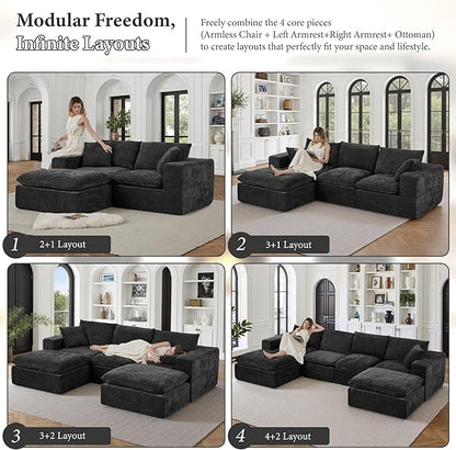 108" Sectional Couches for Living Room Boneless Couch Upholstered Cloud Couch Sectional Modular Sectional Sofa with L Shaped (Chenille-Black, 3 Seat+1 Ottoman)