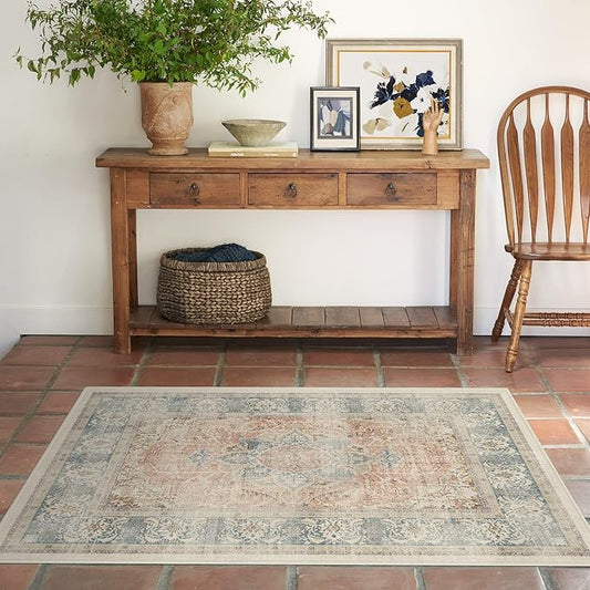 RUGGABLE Washable Vintage Area Rug – Sarrah Coral 4x6, Stain-Resistant, Non-Slip – Medium Machine Washable Rugs for Living Room, Bedroom, Hallway, Entryway & Office–with Cushioned Pad