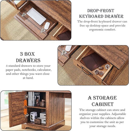 RedLemon 60" Farmhouse Executive Desk with Drawers, Wood Home Office Desk w/Charging Station, Keyboard Tray, File Drawer, Storage Cabinet, Rustic Computer Writing Desk (Reclaimed Barnwood)