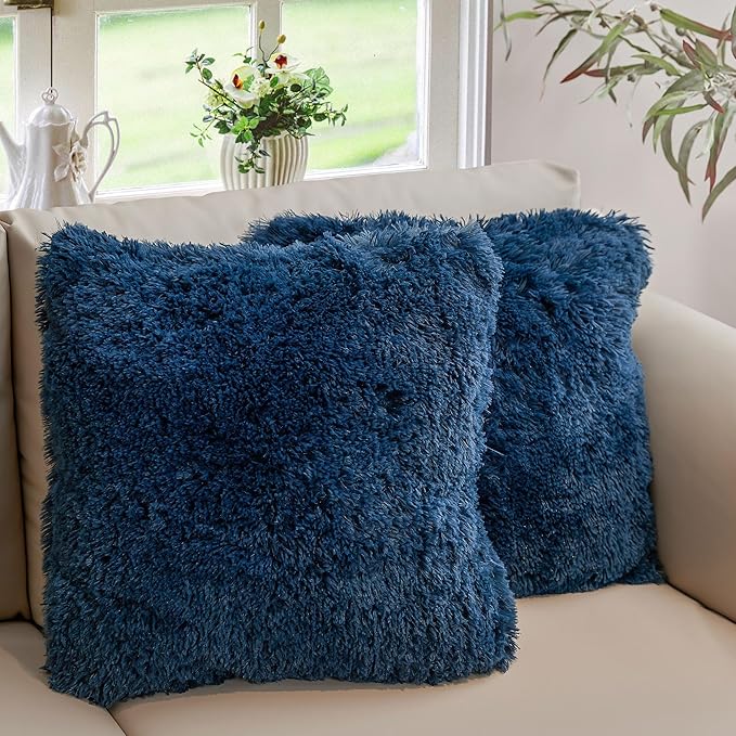 Cheer Collection Throw Pillows for Couch and Bed, Soft Shaggy Throw Pillows with Inserts Included, Cozy Long Hair Faux Fur Pillows - Set of 2-26" x 26" Navy