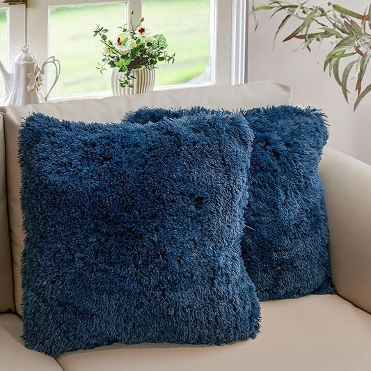 Cheer Collection Throw Pillows for Couch and Bed, Soft Shaggy Throw Pillows with Inserts Included, Cozy Long Hair Faux Fur Pillows - Set of 2-26" x 26" Navy