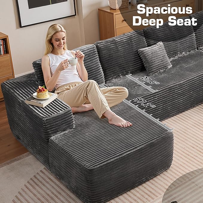 135.4'' U Shaped Sectional Couches for Living Room, Large Boneless Cloud Couch, Modern Modular Sofa Deep Seat Plush Corduroy, No Assembly Required,Plush Corduroy,Gray