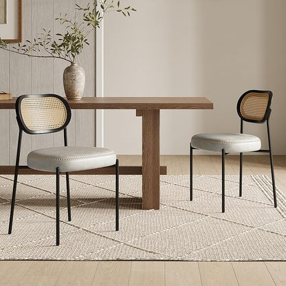 Rattan Dining Chairs Set of 6, Beige Leather Upholstered Dining Chairs with Rattan Cane Back, Mid Century Modern Dining Room Chairs with Black Metal Legs & D-Shaped Thicken Cushion, Beige
